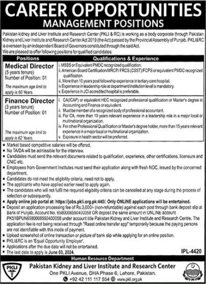 Pakistan Kidney And Liver Institute Lahore Jobs 2024 – Pakistan Kidney And Liver Institute (PKLI) And Research Centre Lahore Jobs 2024 — original advertisement