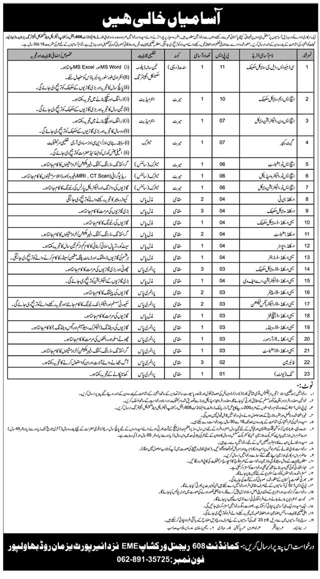 Pak Army 608 Regional Workshop EME Bahawalpur Jobs 2024 – Pakistan Army Jobs 2024 — original advertisement