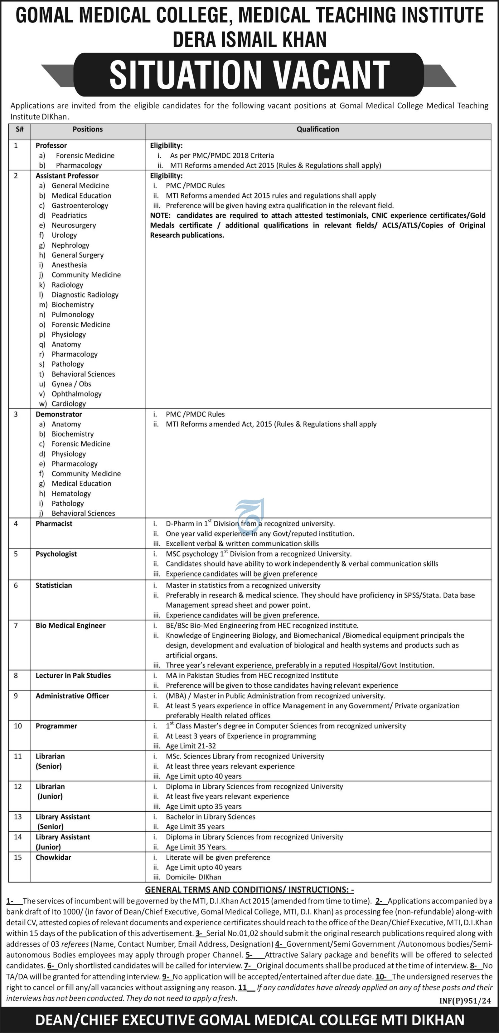 Gomal Medical College Dera Ismail Khan Jobs 2024 – Gomal Medical College – Dera Ismail Khan Jobs 2024 — original advertisement