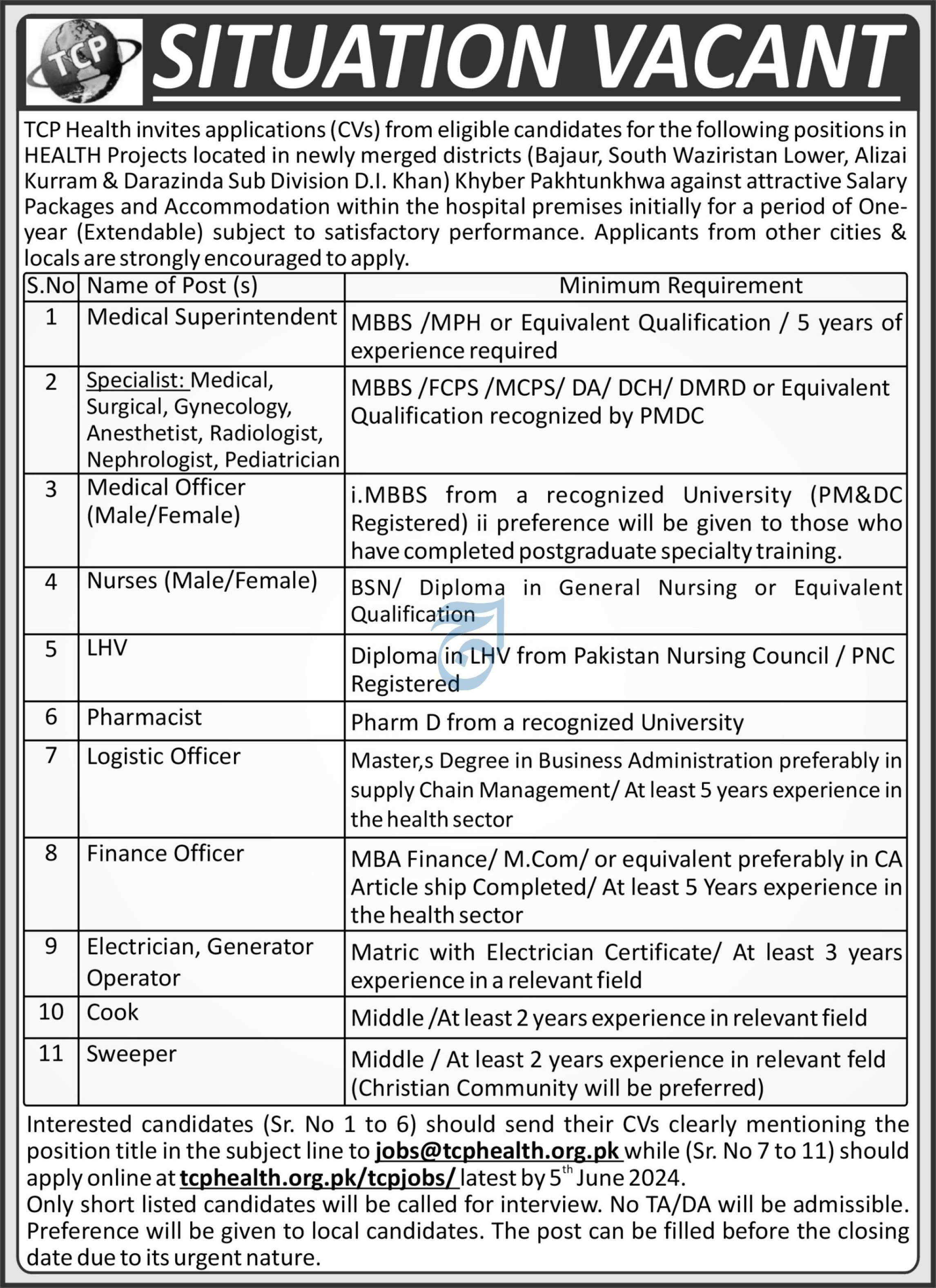 Tcp Health Khyber Pakhtunkhwa Jobs 2024 – Health Department KPK Jobs 2024 — original advertisement