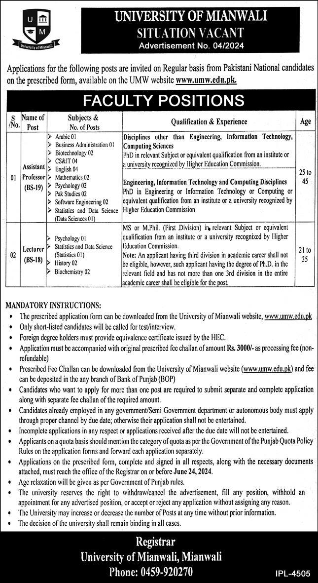 University Of Mianwali Punjab Jobs 2024 Jobs 2024 — original advertisement