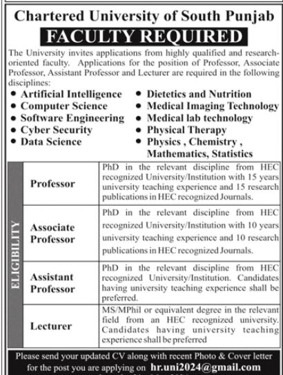 Chartered University Of South Punjab Multan Jobs 2024 Jobs 2024 — original advertisement