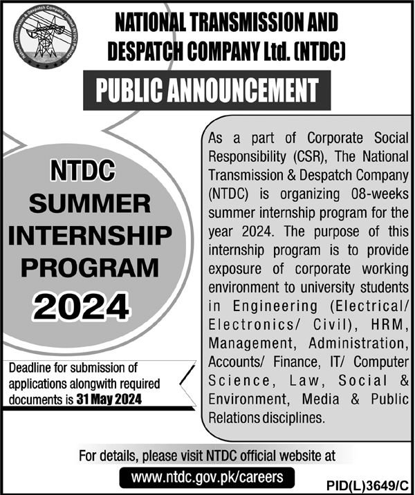 Internship Program National Transmission & Despatch Company – National Transmission & Despatch Company NTDC Jobs 2024 — original advertisement