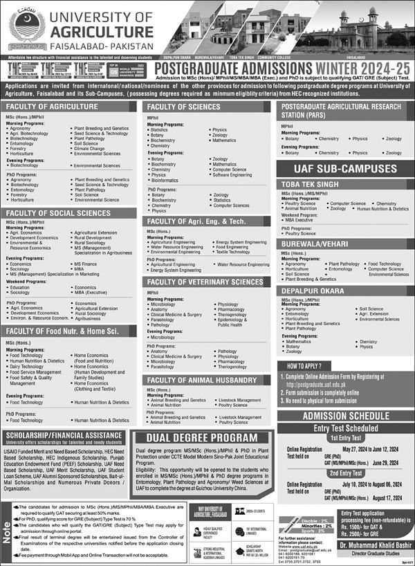 Admission Open in Univeristy of Agriculture Faislabad – University of Agriculture Faisalabad Admissions 2024 — original advertisement