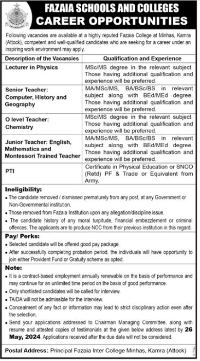 Fazaia College Minhas Kamra Attock Jobs 2024 – Fazaia Schools & Colleges Jobs 2024 — original advertisement