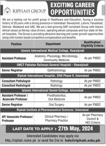Riphah Group Rawalpindi Jobs 2024 – Riphah International University Jobs 2024 — original advertisement