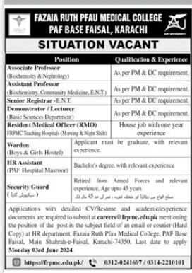 Fazaia Ruth PFAU Medical College PAF Base Faisal Karachi Job – Fazaia Schools & Colleges Jobs 2024 — original advertisement