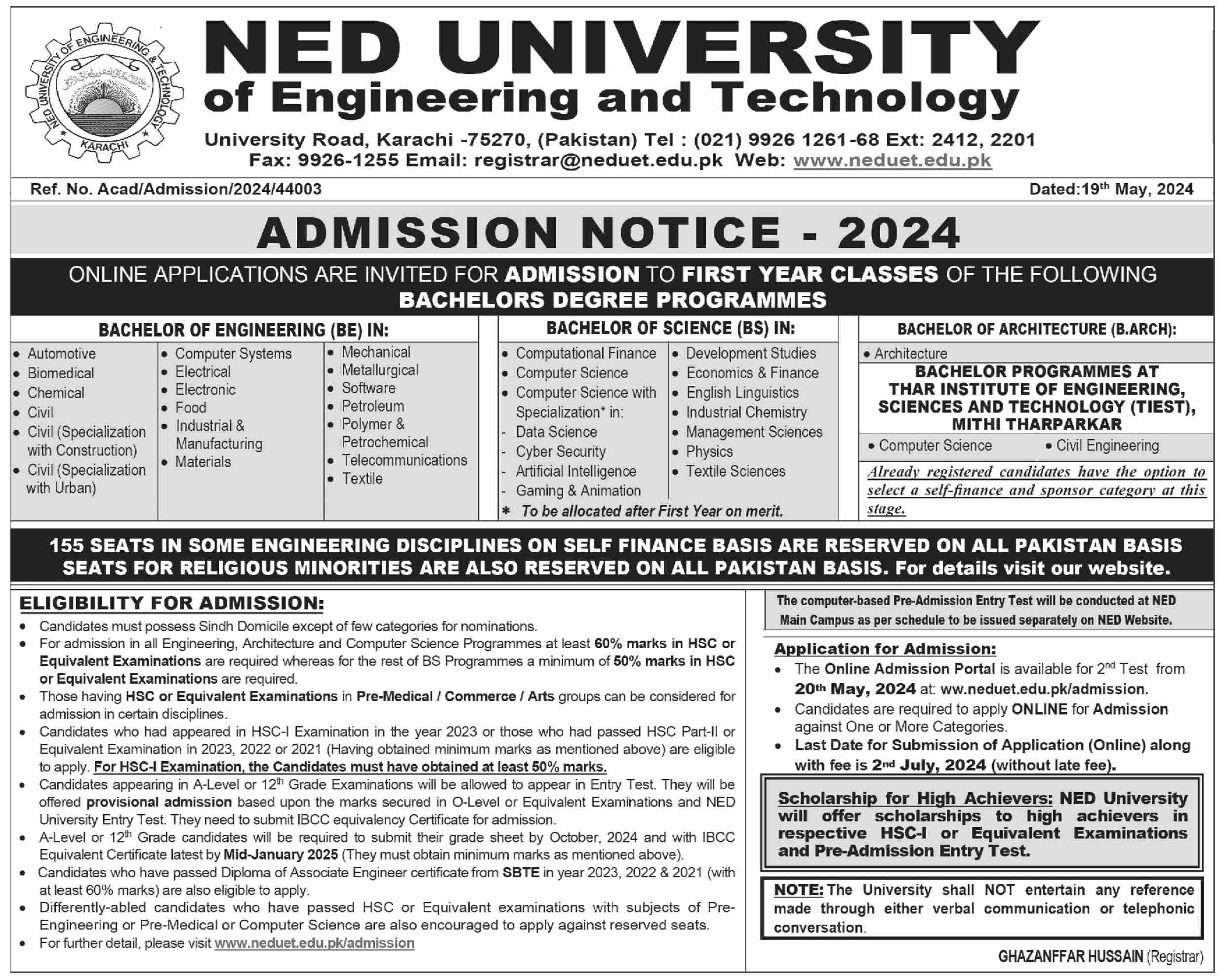 Admission Open in Ned University of Engineering & Technology – NED University of Engineering and Technology Admissions 2024 — original advertisement