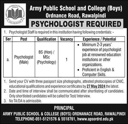 Army Public School And College Boys Rawalpindi Jobs 2024 – Army Public School & College Paksitan Jobs 2024 — original advertisement