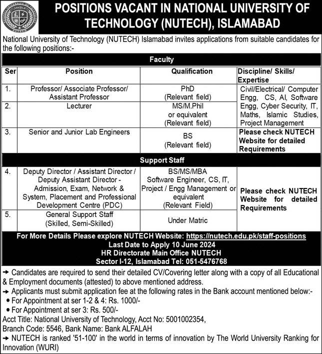 National Univeristy of Technology Nuteh Islamabad Jobs 2024 – National University of Technology NUTECH Islamabad Jobs 2024 — original advertisement