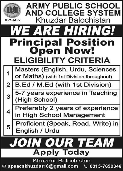 Army Public school college system Khuzdar Balochistan Jobs – Army Public School & College Paksitan Jobs 2024 — original advertisement