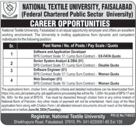National Textile University Faislabad Jobs 2024 – National Textile University Faisalabad | NTU Jobs 2024 — original advertisement