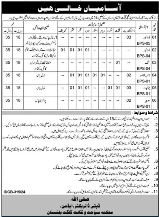 Tourism & Culture Department Gilgit Jobs 2024 – Government of Gilgit-Baltistan Jobs 2024 — original advertisement