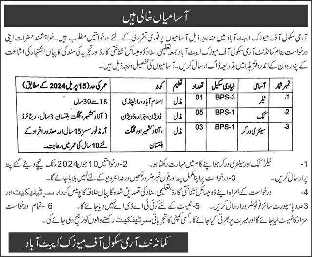 Army School Of Music Abbottabad Khyber Pakhtunkhwa Jobs 2024 – Pakistan Army Jobs 2024 — original advertisement