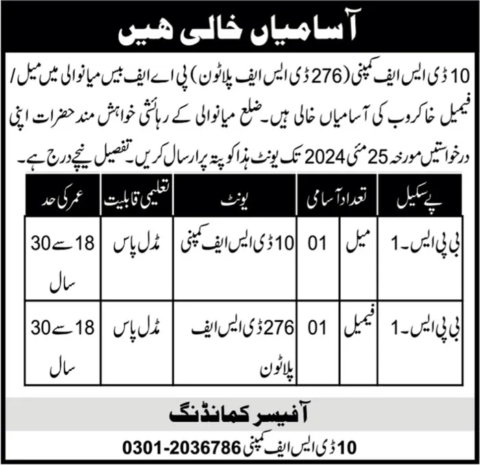 10 DSF Company Mianwali Punjab Jobs 2024 – Pakistan Army Jobs 2024 — original advertisement