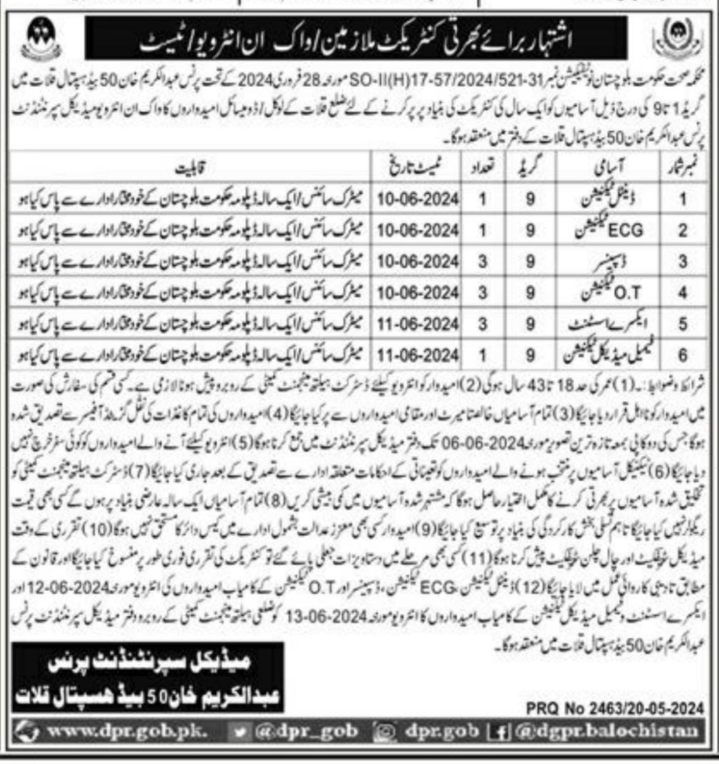 Abdul kareem khan 50 Bedded Hospital Kalat Jobs 2024 – Health Department Balochsitan Jobs 2024 — original advertisement