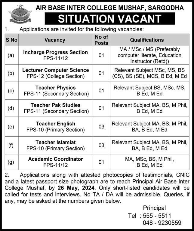 Air Base Inter College Mushaf Sargodha Punjab Jobs 2024 Jobs 2024 — original advertisement