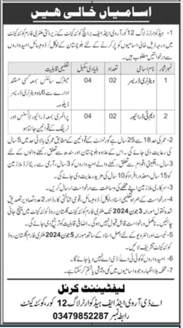 Headquarters Log 12 core Quetta Cantt Jobs 2024 – Pakistan Army Jobs 2024 — original advertisement