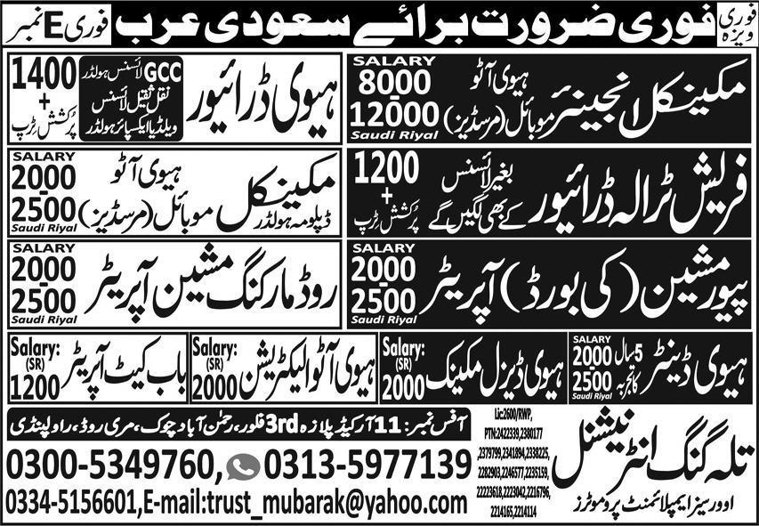 Mechanical Engineer & Road Marking Machine Operator Jobs – Talagang International Overseas Employement Promoters Jobs 2024 — original advertisement