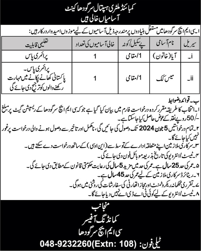 Combined Military Hospital CMH Sargodha Jobs 2024 Jobs 2024 — original advertisement