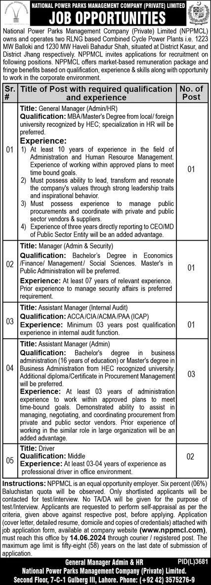 National Power Parks Management Company Jobs 2024 – National Power Park Management Pvt Ltd Jobs 2024 — original advertisement