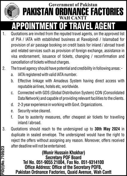Pakistan Ordnance Factories POF Jobs 2024 – Pakistan Ordnance Factories Board Wah Cantt Jobs 2024 — original advertisement