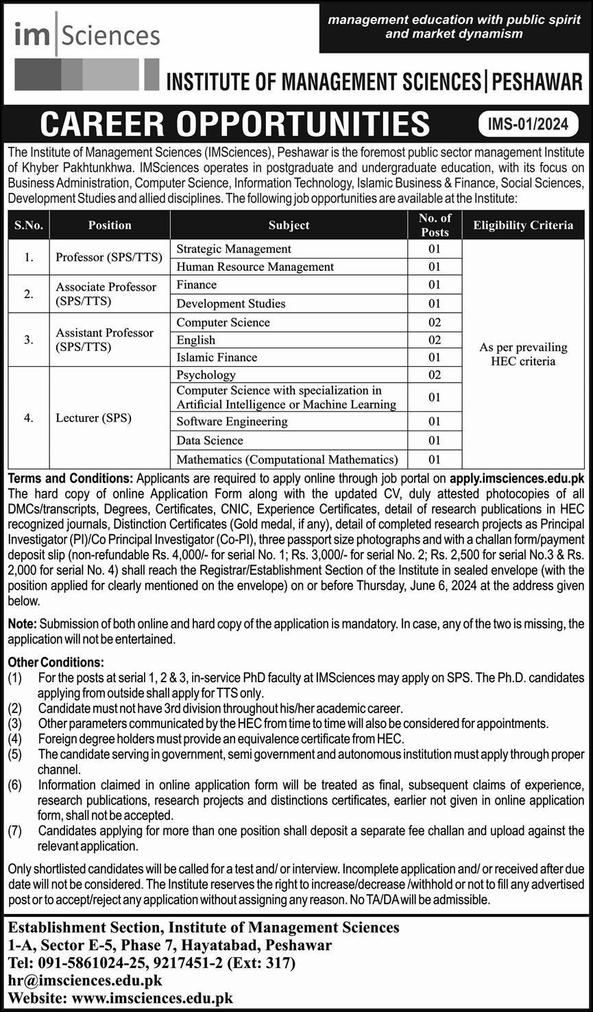 Institute Of Management Sciences Peshawar Jobs 2024 Jobs 2024 — original advertisement