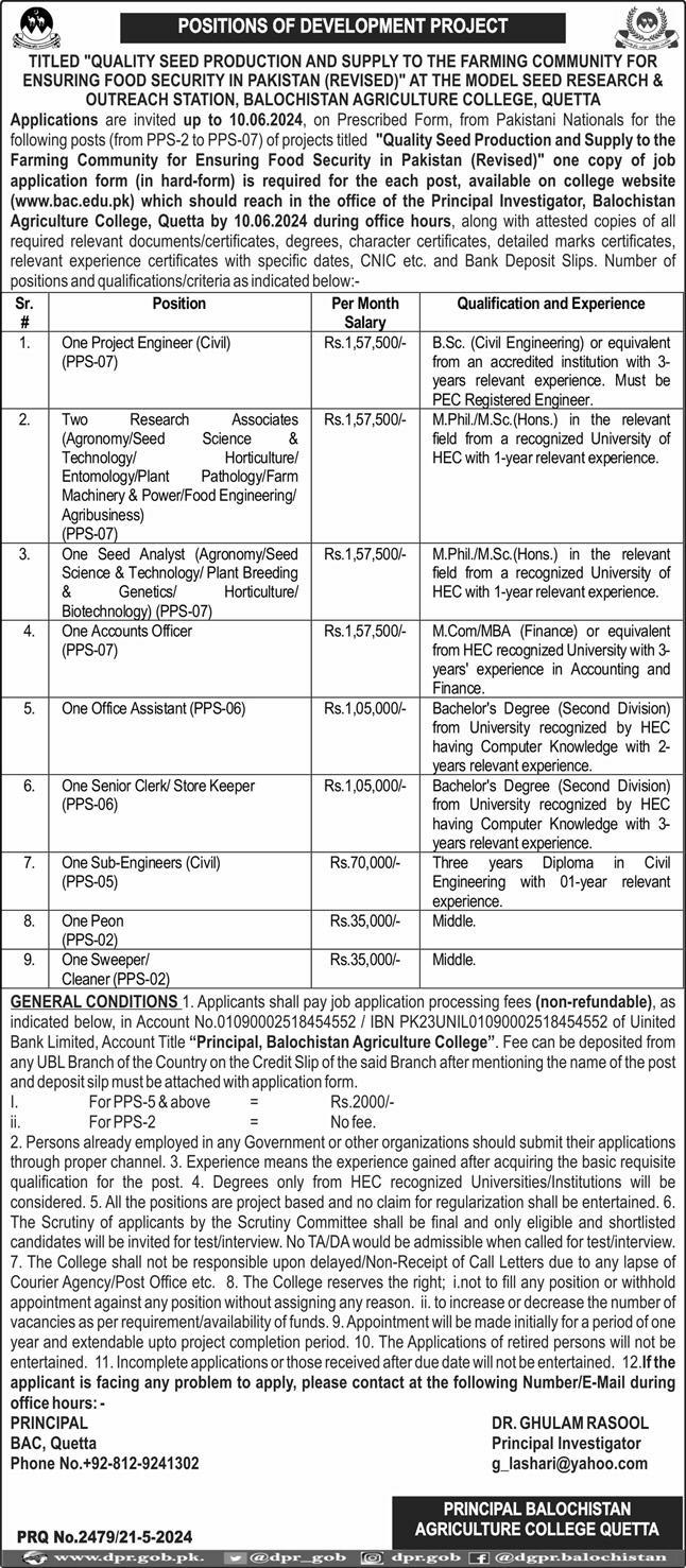 Balochistan Agriculture College Quetta Jobs 2024 – Balochistan Agriculture College, Quetta Jobs 2024 — original advertisement