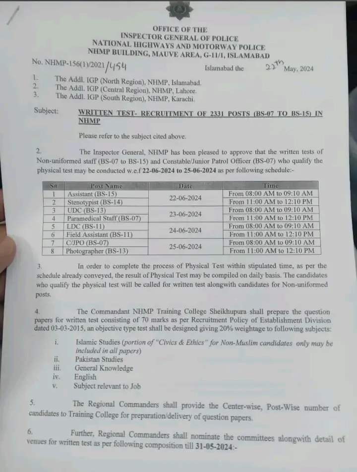 National Highways & Motorway Police NHMP Written Test Schedu – National Highway Authority Islamabad Jobs 2024 — original advertisement