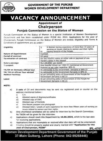 Punjab Commission On The Status Of Women Lahore Jobs 2024 – Women Development Department Punjab Jobs 2024 — original advertisement