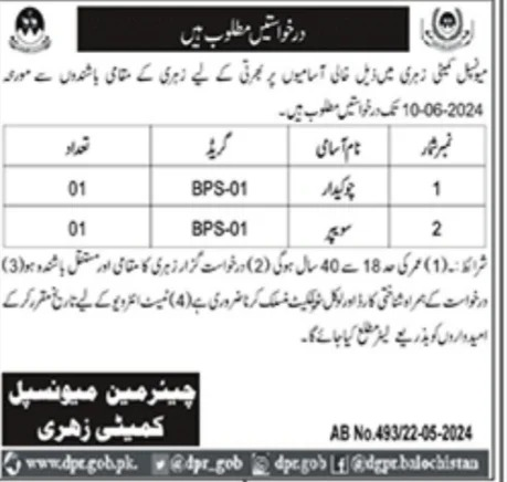 Municipal Committee Zehri Balochistan Jobs 2024 – Muncipal Commette Jobs 2024 — original advertisement