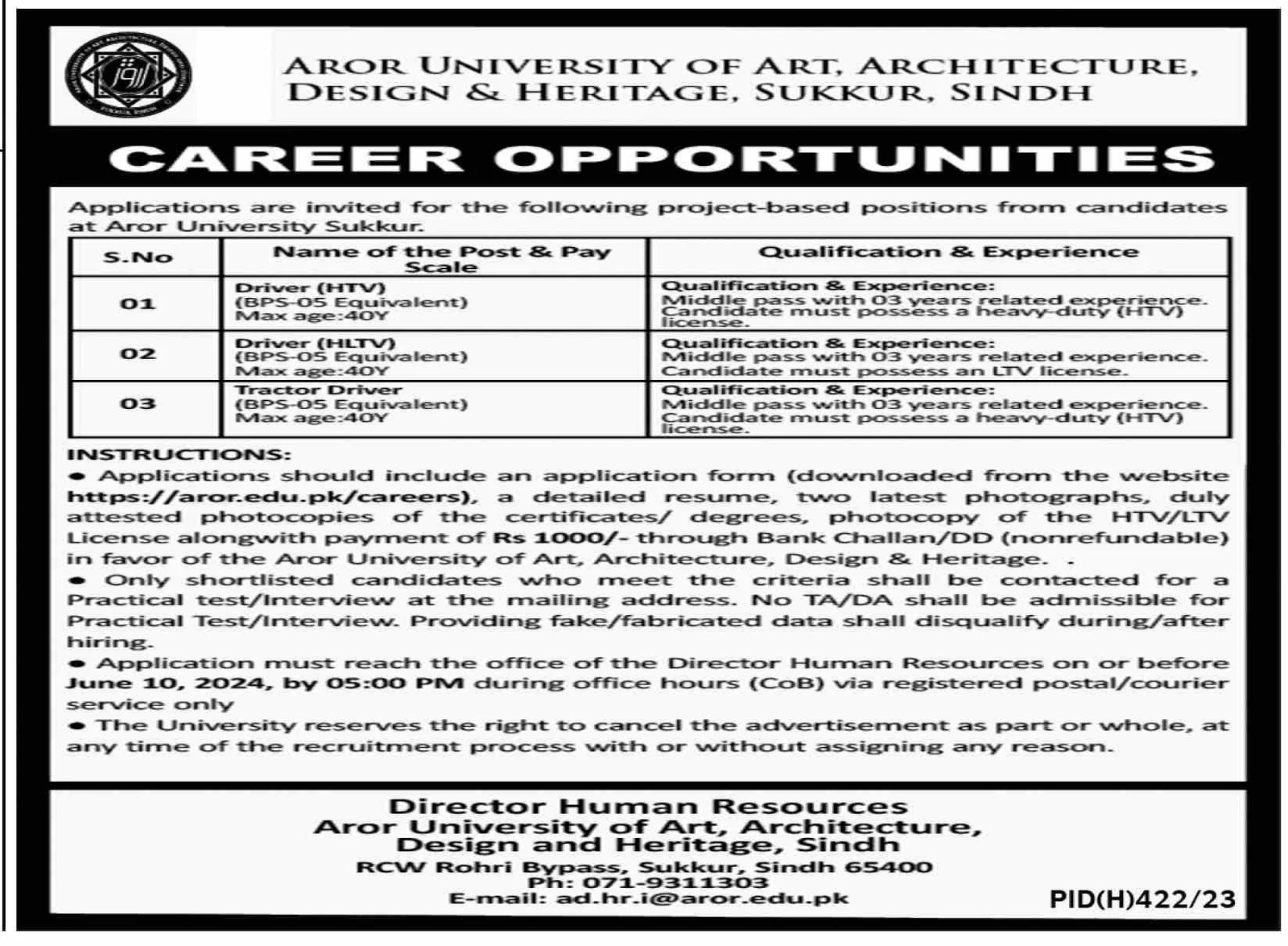 Aror university of Art Architecture Design heritage Job 2024 – Aror university of Art Architecture Design & Heritages Sukkur Jobs 2024 — original advertisement