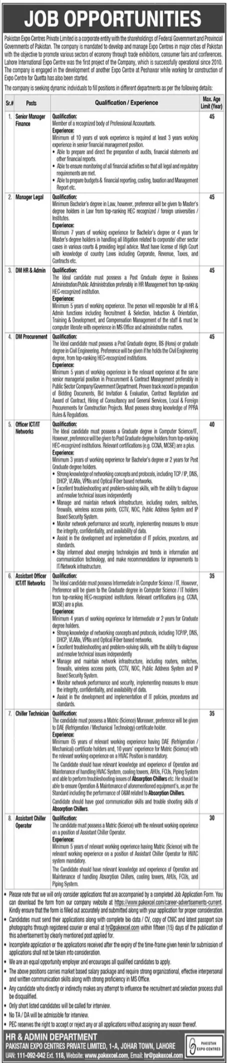 Pakistan Expo Centres Lahore Jobs 2024 – Pakistan Expo Centres Private Limited Jobs 2024 — original advertisement