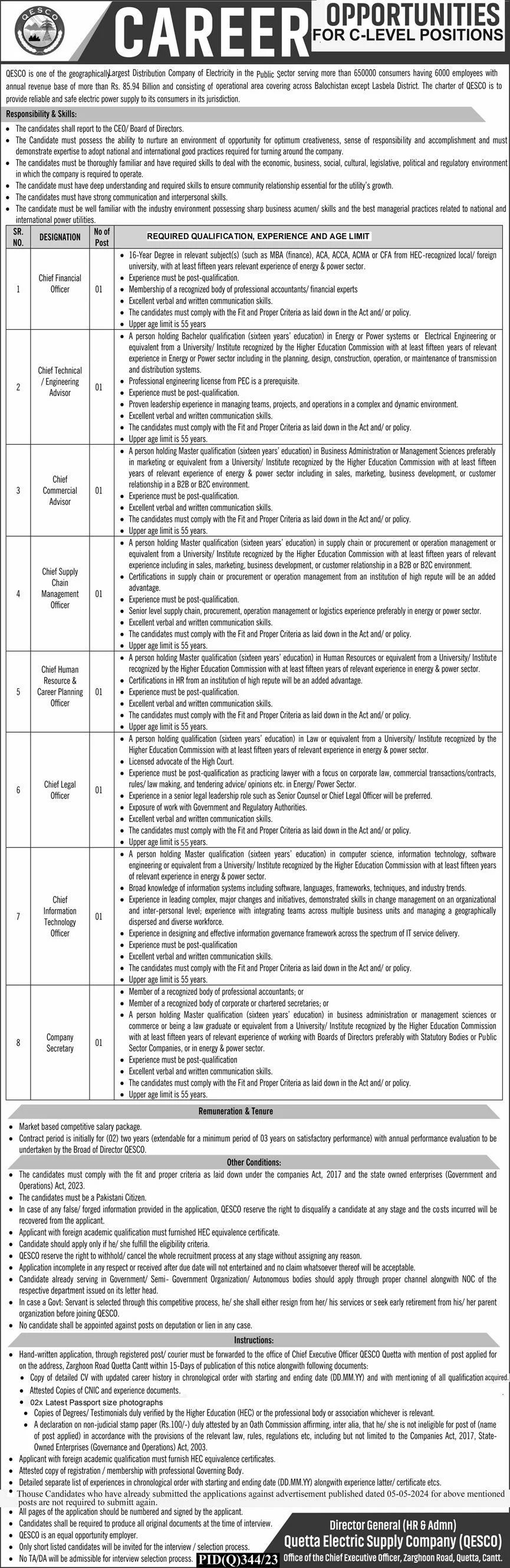 Quetta Electric Supply Company QESCO Jobs 2024 Jobs 2024 — original advertisement