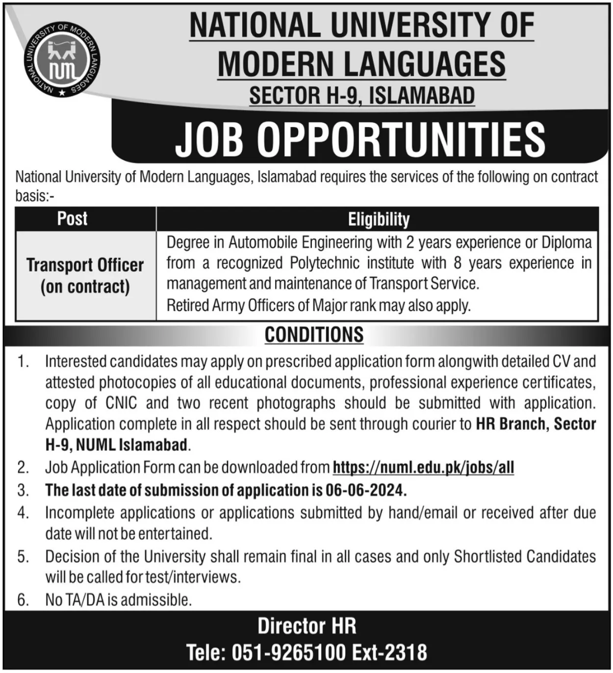 National University of Modern Languages NUML Jobs 2024 – National University of Modern Languages Islamabad Jobs 2024 — original advertisement