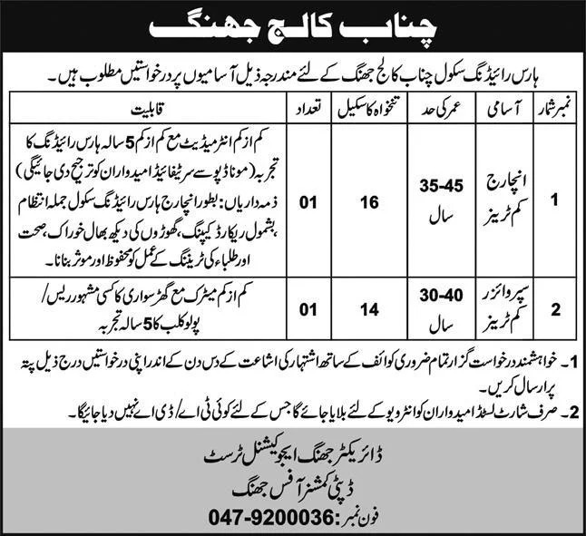Horse Riding School Chenab College Jhang Jobs 2024 Jobs 2024 — original advertisement