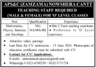 Army Public School & College APS&C Nowshera Jobs 2024 – Army Public School & College Paksitan Jobs 2024 — original advertisement