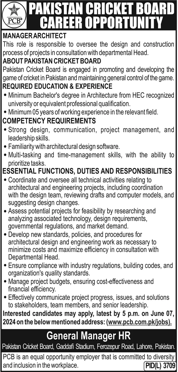 Pakistan Cricket Board PCB Lahore Jobs 2024 – Pakistan Cricket Board (PCB) Jobs 2024 — original advertisement