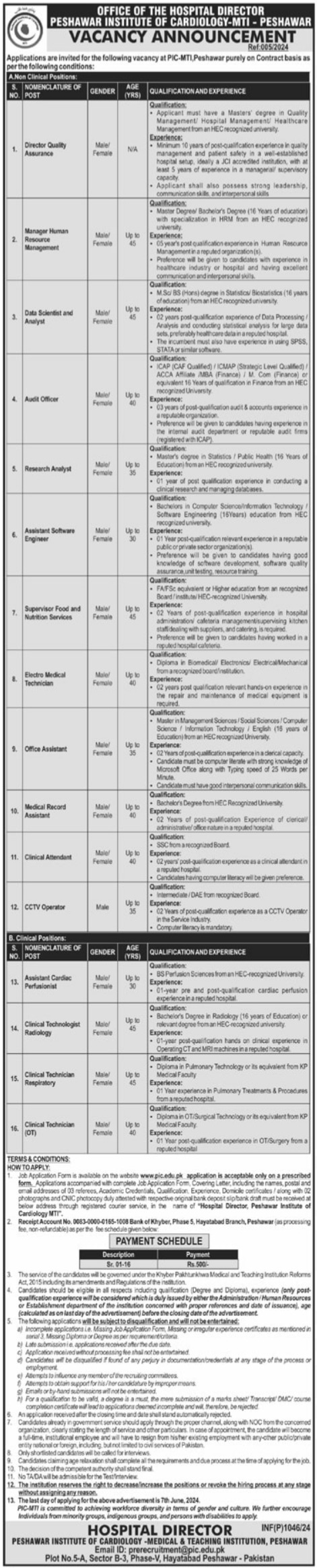 Peshawar Institute Of Cardiology PIC Peshawar Jobs 2024 Jobs 2024 — original advertisement