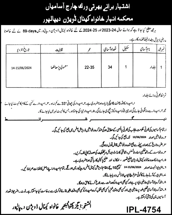 Canal Division Depalpur Punjab Jobs 2024 – Irrigation Department Punjab Jobs 2024 — original advertisement