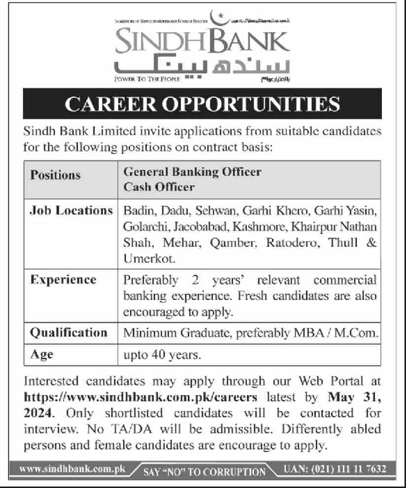 Sindh Bank Limited Karachi Jobs 2024 Jobs 2024 — original advertisement