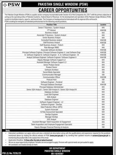 Pakistan Single Window Psw Karachi Jobs 2024 Jobs 2024 — original advertisement