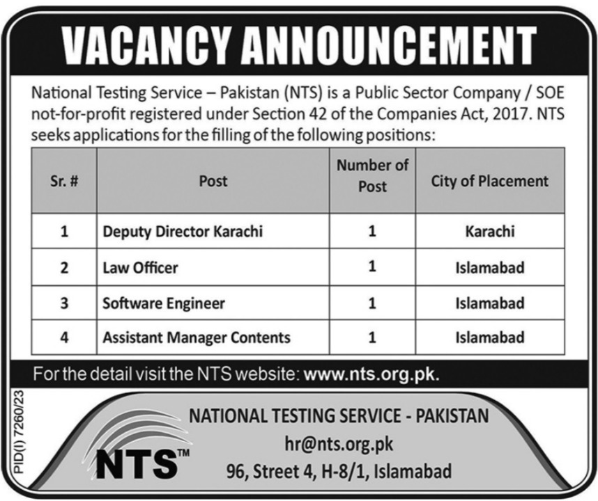 National Testing Service Pakistan NTS Islamabad Jobs 2024 – Government of Pakistan Jobs 2024 — original advertisement