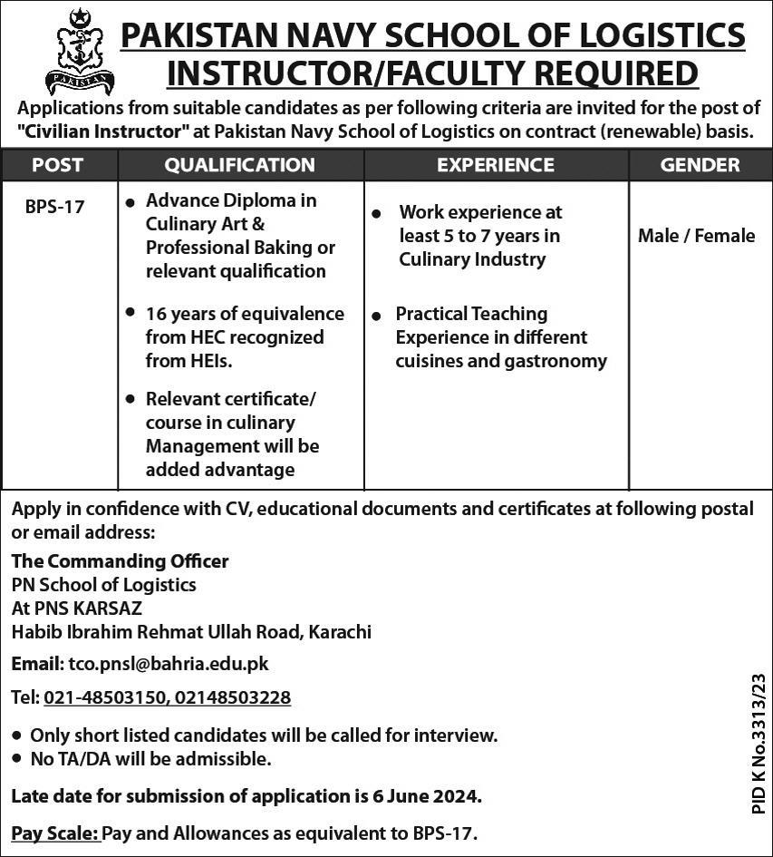 Pakistan Navy School Of Logistics Karachi Jobs 2024 Jobs 2024 — original advertisement