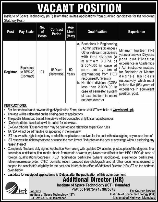 Institute of Space Technology IST Islamabad Jobs 2024 – Institute of Space Technology ITS Islamabad Jobs 2024 — original advertisement