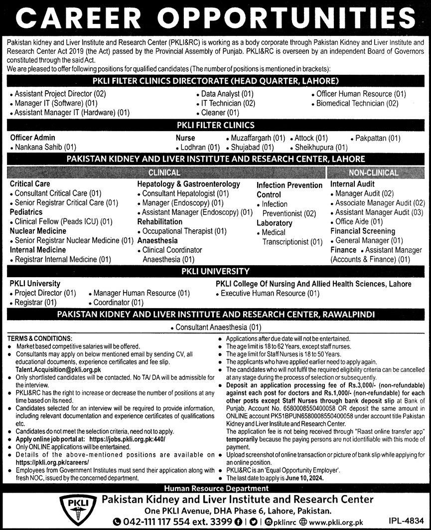 Pakistan Kidney And Liver Institute Lahore Jobs 2024 – Pakistan Kidney And Liver Institute (PKLI) And Research Centre Lahore Jobs 2024 — original advertisement