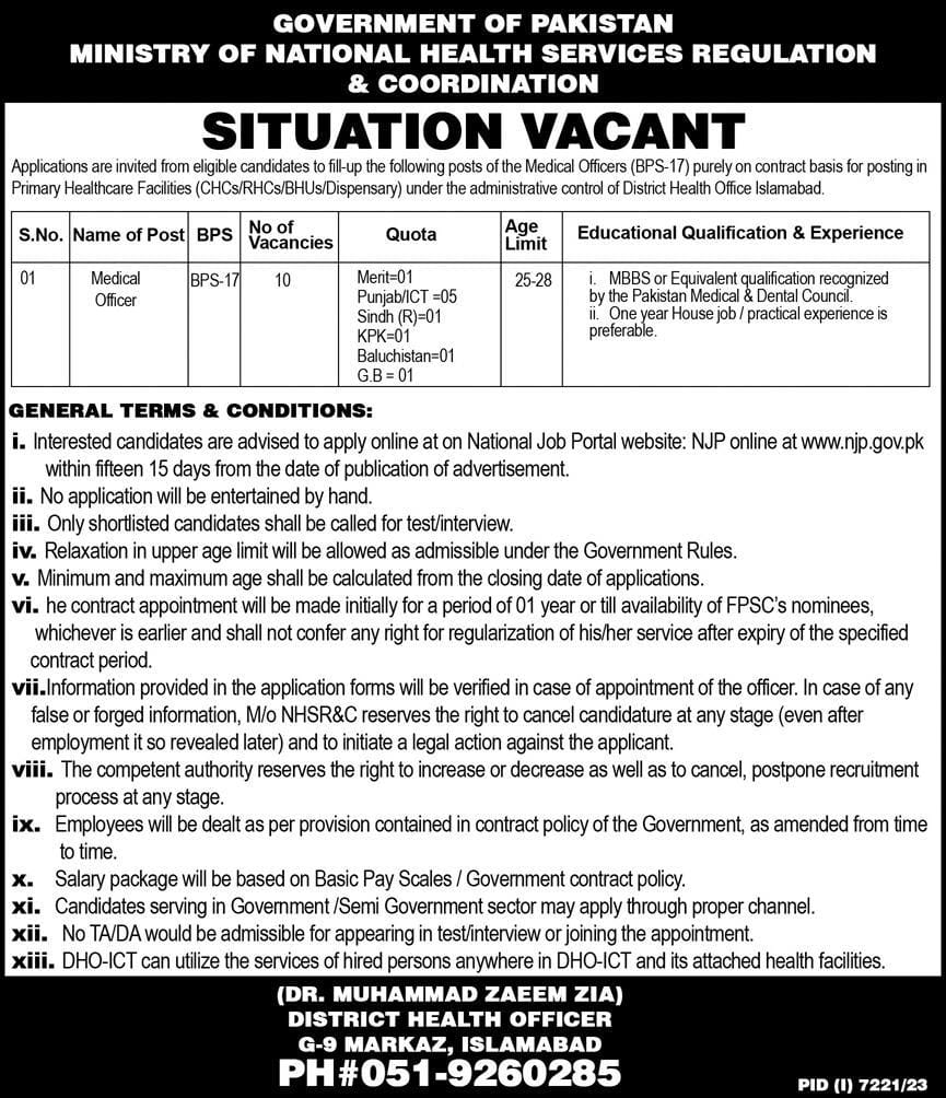 Ministry Of National Health Services Islamabad Jobs 2024 – Ministry of National Health Services Regulation and Coordination Jobs 2024 — original advertisement