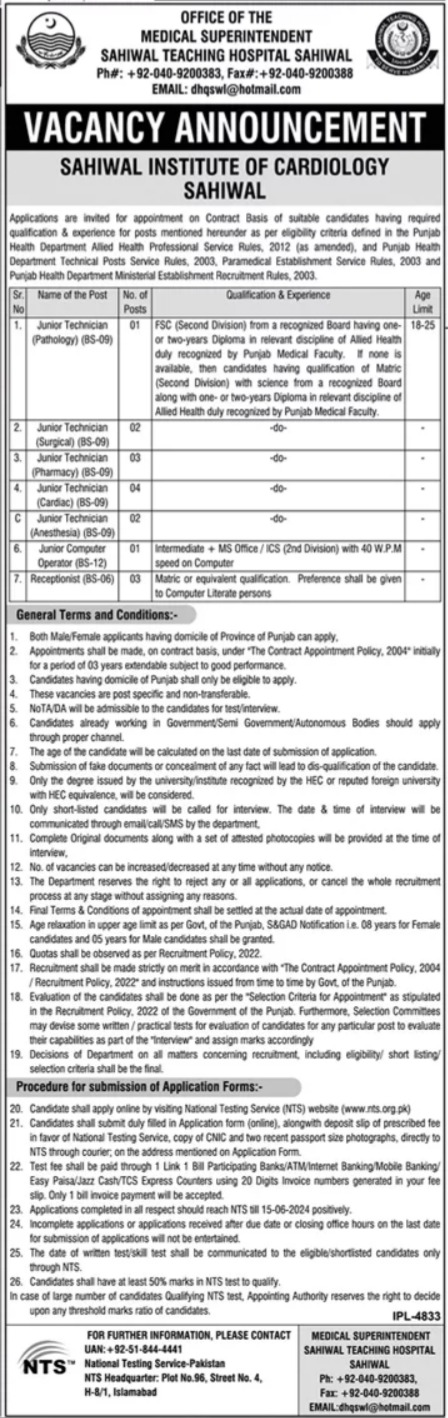 Sahiwal Teaching Hospital sahiwal punjab Jobs 2024 – Sahiwal Teaching Hospital, Sahiwal Jobs 2024 — original advertisement