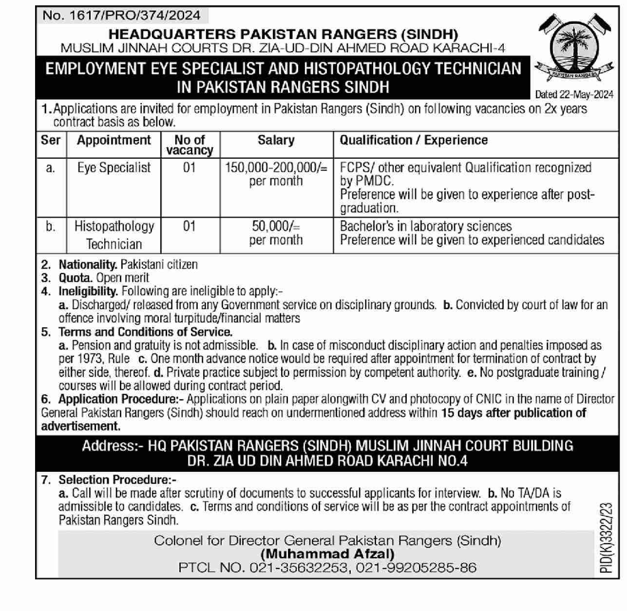 Pakistan Rangers Karachi Sindh Jobs 2024 – Sindh Rangers Jobs 2024 — original advertisement