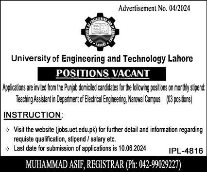 Univesity of Engineering And Technology Lahore Jobs 2024 – University of Engineering  & Technology Lahore Jobs 2024 — original advertisement